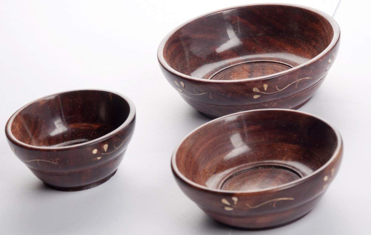 Decorative Wooden Serving Bowls with Brass Inlay Design, Set of 3(6 inch, 5 inch, and 4 inch), Brown Polished with Inlay Work with Flat Base Larger Volume