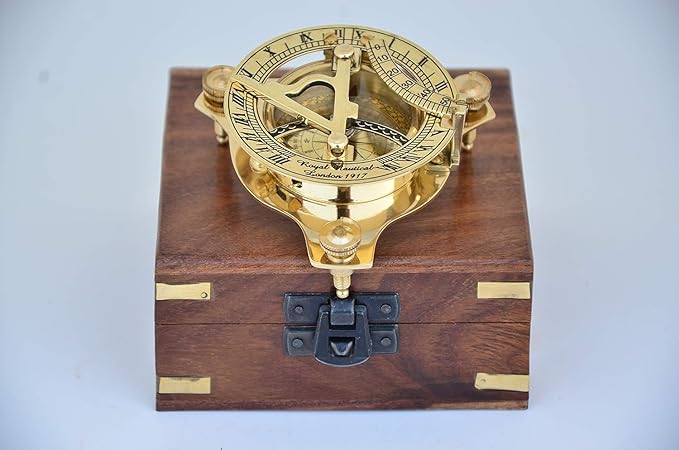 Vintage Brass Sundial Compass with Wooden Storage Box