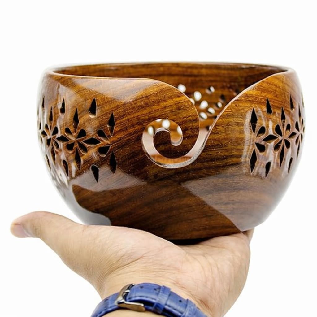 Rosewood Wooden Yarn Storage Bowl with Carved Floral Design, Knitting and Crochet Organiser, 6 Inches, Natural Wood Grain Finish
