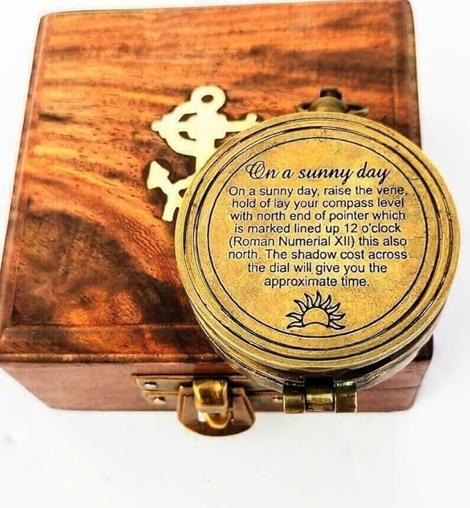 Vintage Brass Sundial Compass and Mini Telescope Set with Wooden Box