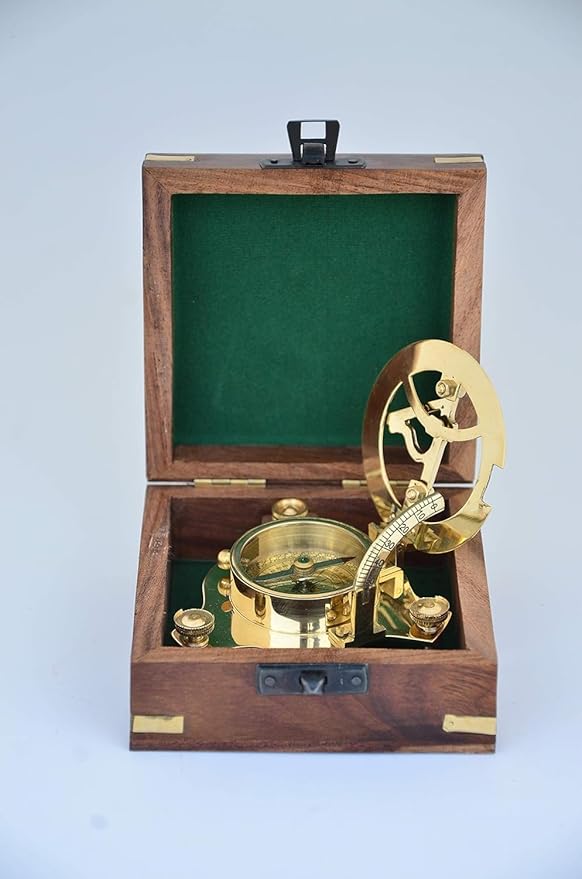 Vintage Brass Sundial Compass with Wooden Storage Box