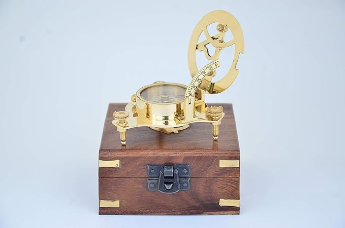 Vintage Brass Sundial Compass with Wooden Storage Box
