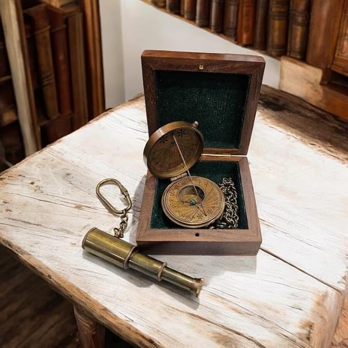 Vintage Brass Sundial Compass and Mini Telescope Set with Wooden Box