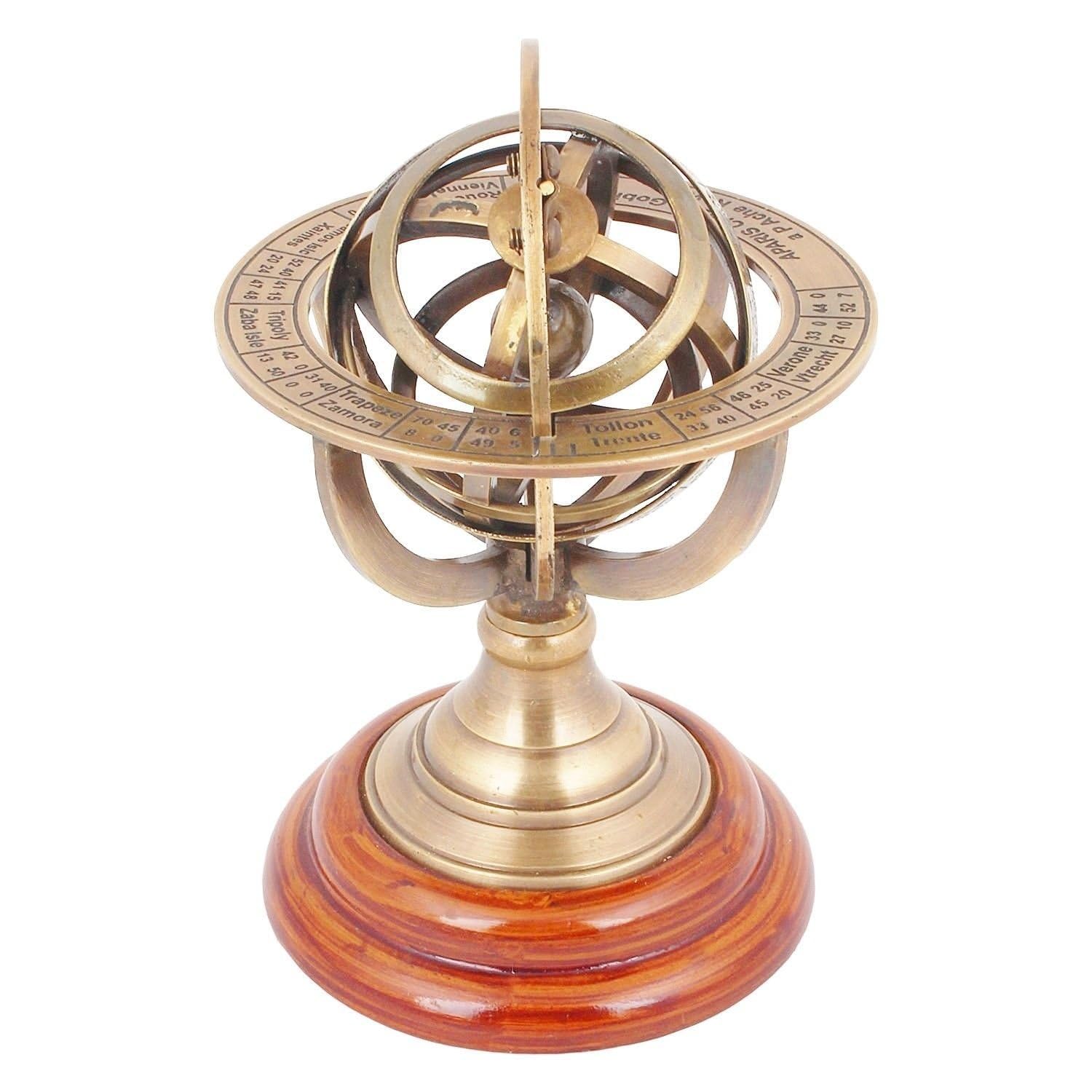 Antique Vintage Armillary Sphere Showpiece, Brass and Wood Table Décor, Celestial Astronomical Model with Wooden Base