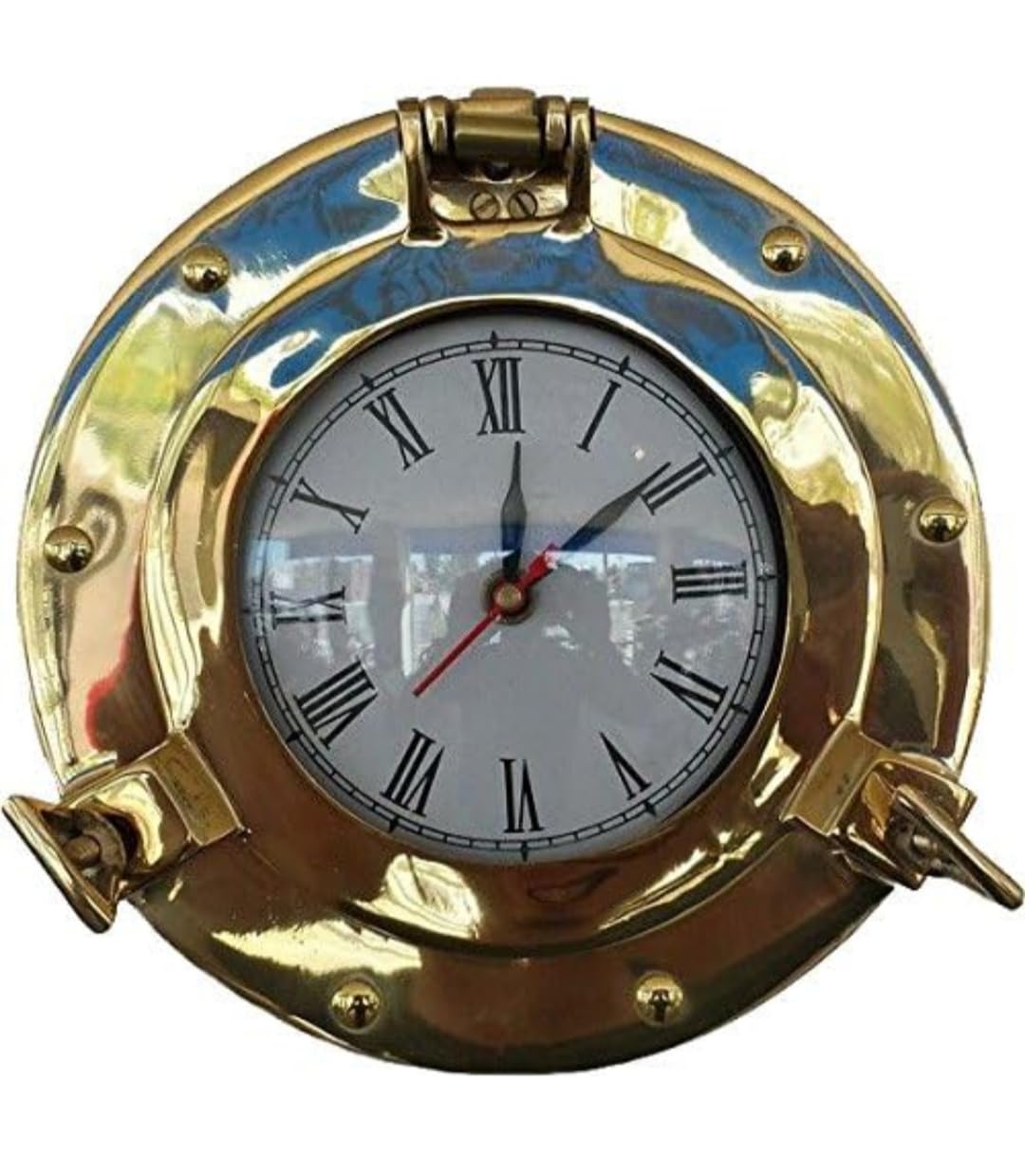 Nautical Brass Porthole Wall Clock, Gold and Blue Frame, Roman Numerals, 20.32 cm Round Quartz Clock