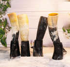 Viking Drinking Horn Set Thor Hammer Engraved Mead Cup with Stand