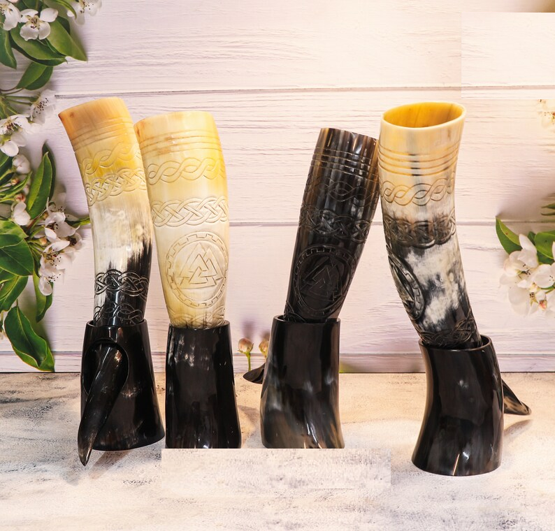Viking Drinking Horn Set Thor Hammer Engraved Mead Cup with Stand