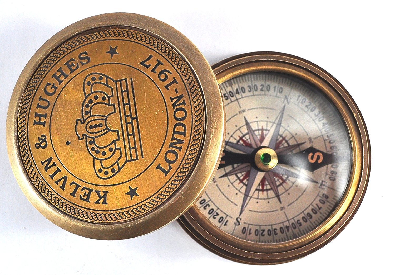 Antique Brass Pocket Compass with Robert Frost's The Road Not Taken Engraved Inside The Cover and Kelvin & Hughes - London 1917 on top, 5 cm