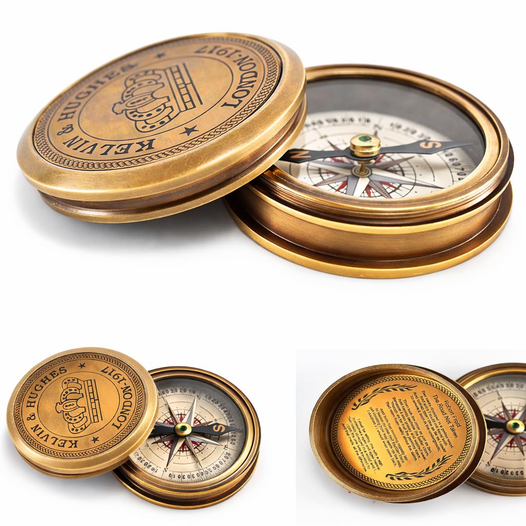 Antique Brass Pocket Compass with Robert Frost's The Road Not Taken Engraved Inside The Cover and Kelvin & Hughes - London 1917 on top, 5 cm, Vintage Style Navigation Nautical Compass for Hiking.
