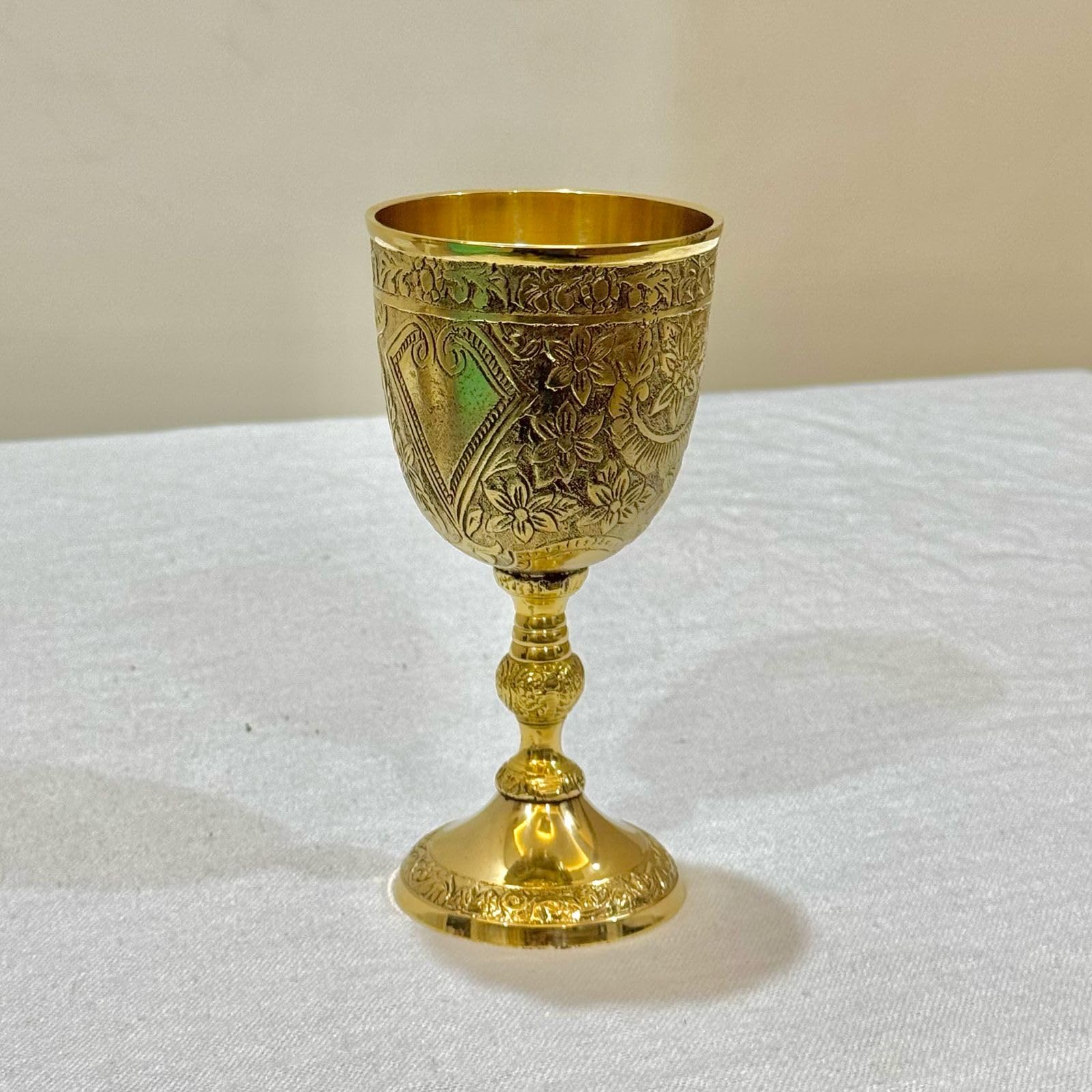Decorative Brass Wine Goblet, 16.3 x 8.1 cm, Floral Engraved Pattern, Gold