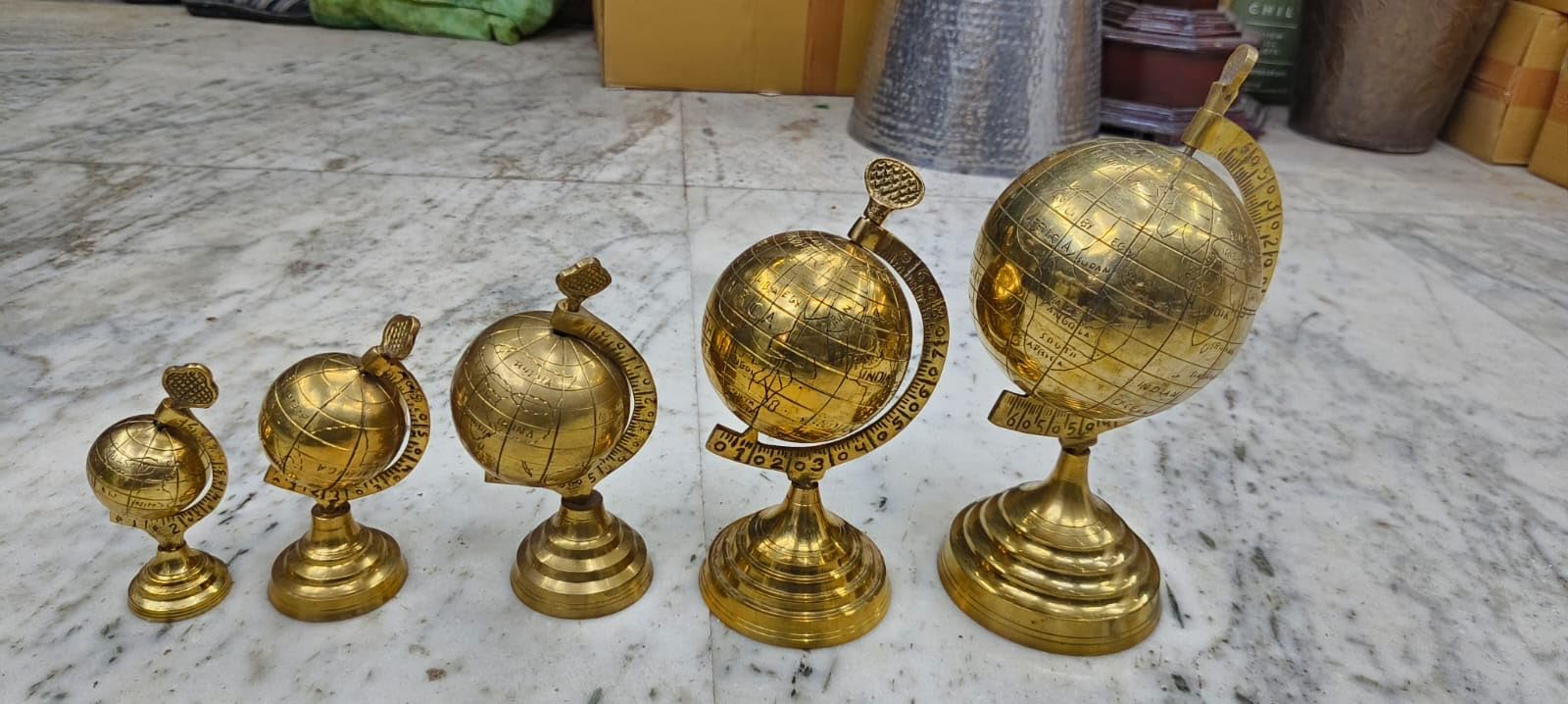 Decorative Brass Globe Sundials, Set of 5, Antique Gold Finish