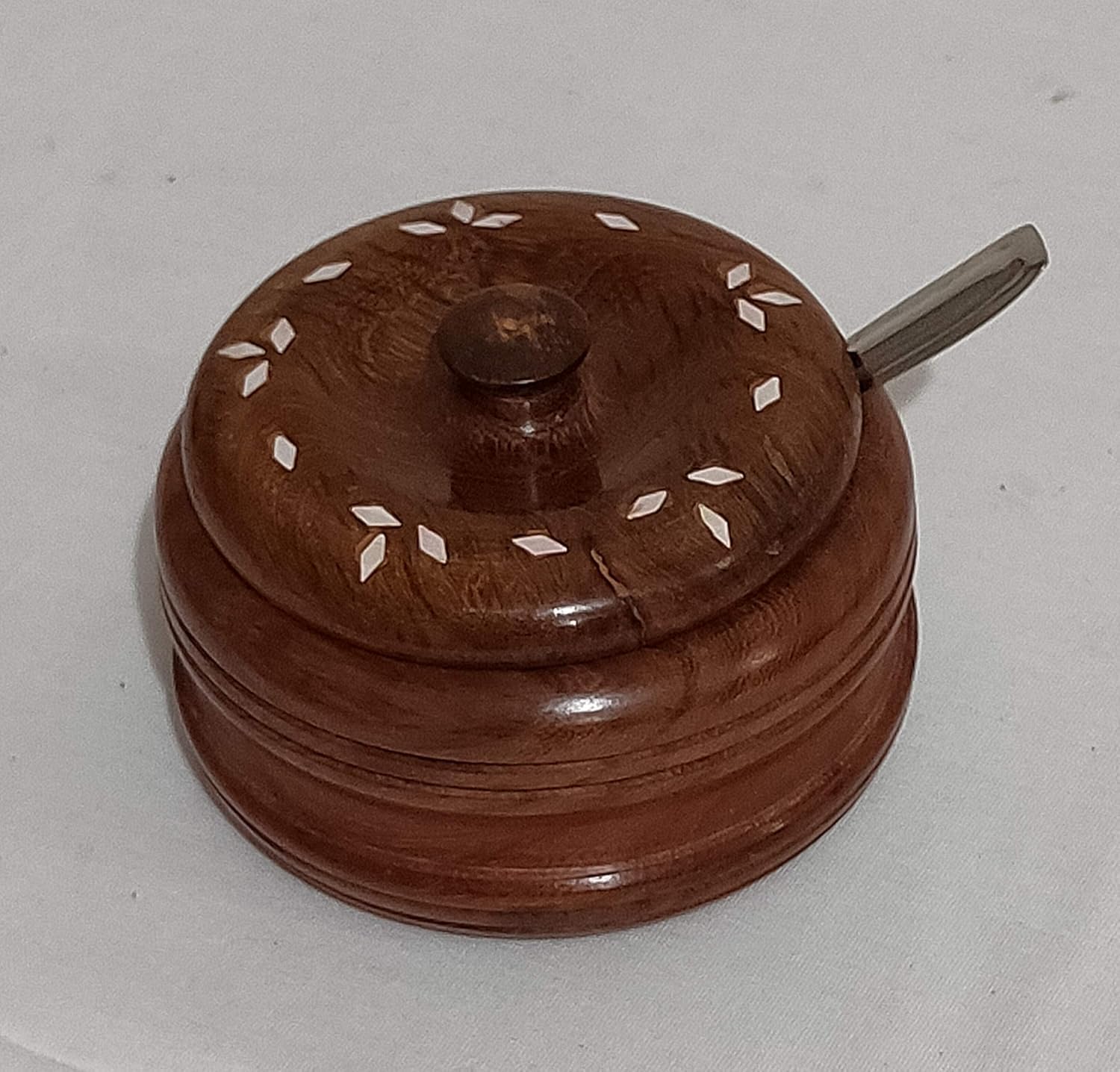 Wooden Small Sized Serving Bowl with Steel Inner Lining for Elegant Dining Setting for Serving Sugar, Chutney, Salt, Masala, Pickle or Other Condiments for Rich Households - Polished and Inlay Work