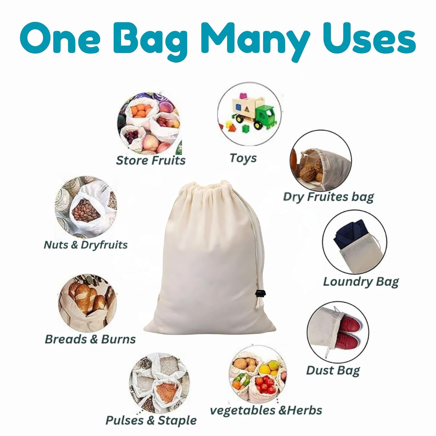 Versatile Muslin Cotton Single Drawstring Bags With Lock Button (10x11.5 in) – Reusable Storage for Nuts, Jewelry, Milk Straining, Creating Sachets & Keeping Vegetables Fresh | Pack of 2