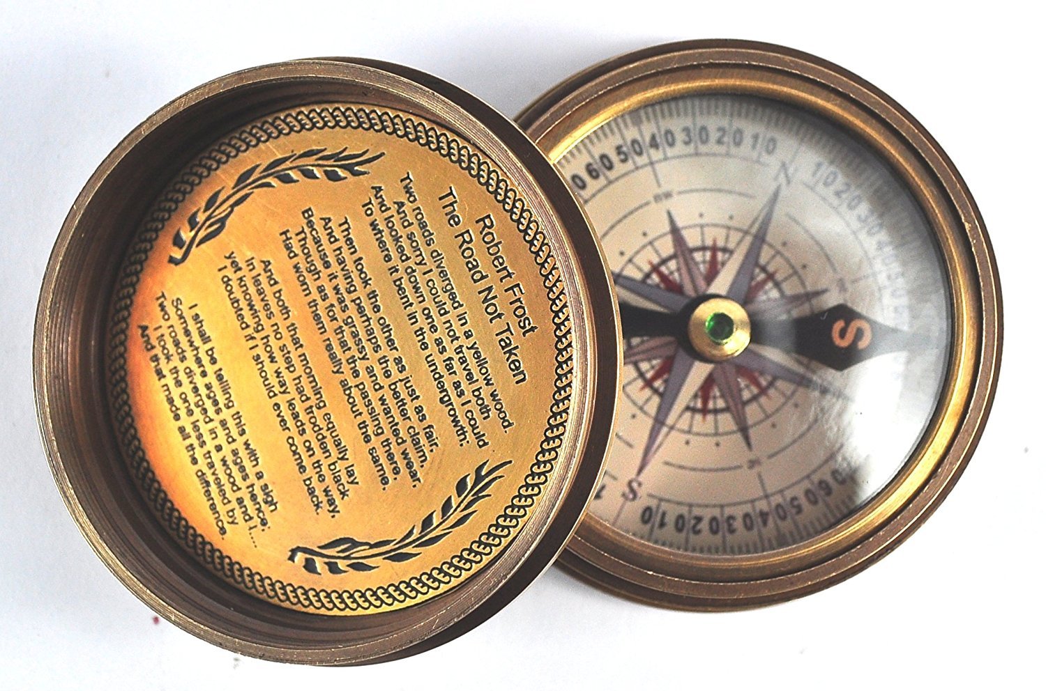 Antique Brass Pocket Compass with Robert Frost's The Road Not Taken Engraved Inside The Cover and Kelvin & Hughes - London 1917 on top, 5 cm