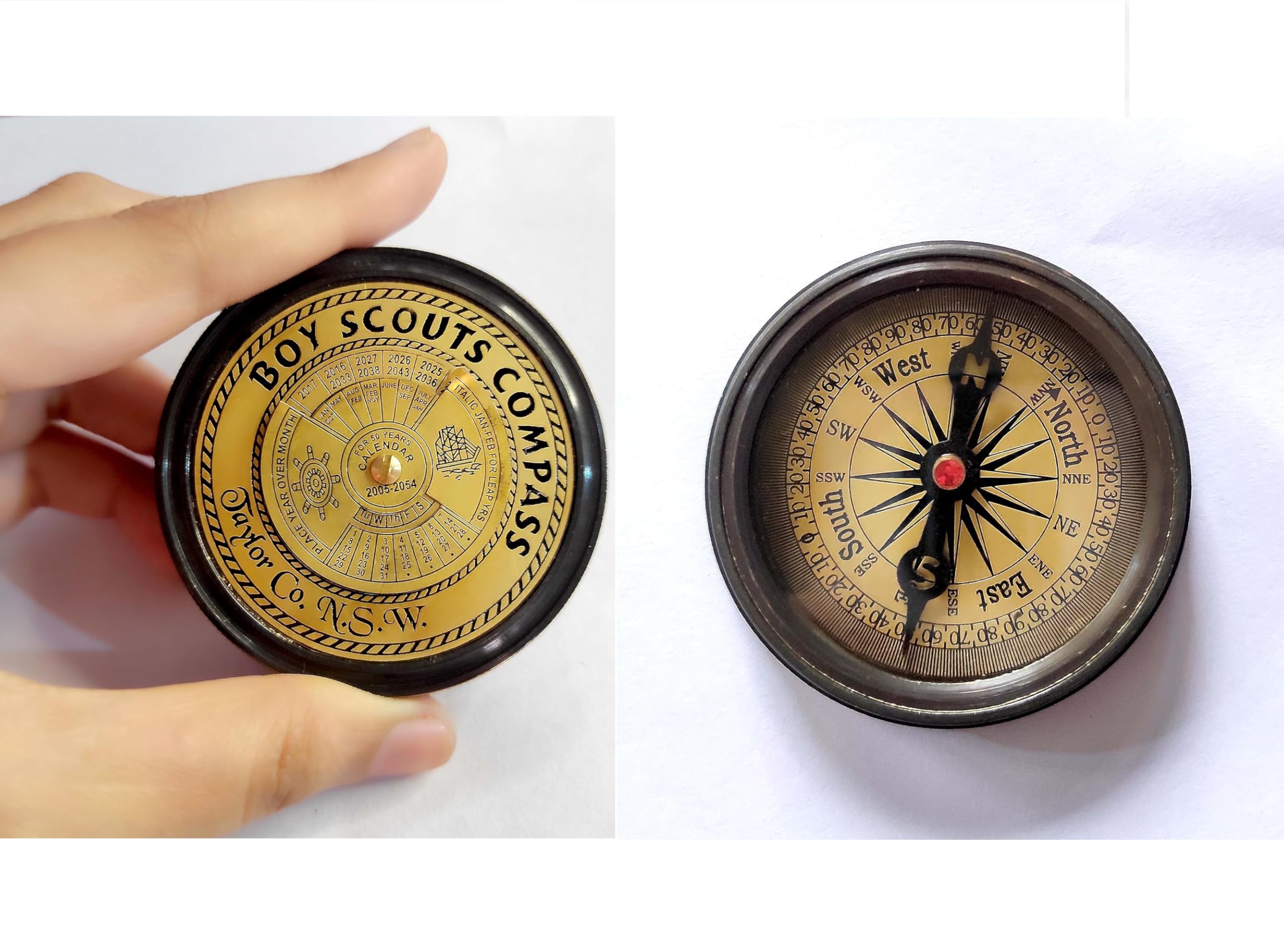 Vintage Boy Scouts Compass and Oath Set, 5.08 cm, Brass and Glass, Antique Navigation Tool