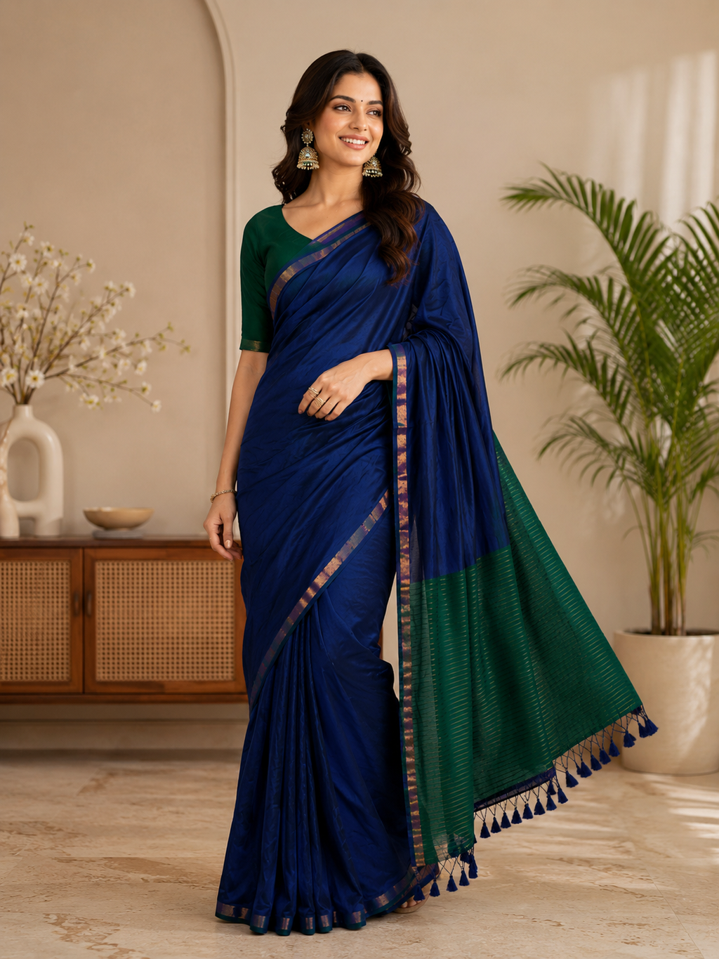 Neelvani- Blue Mul Modal Saree with Tassels