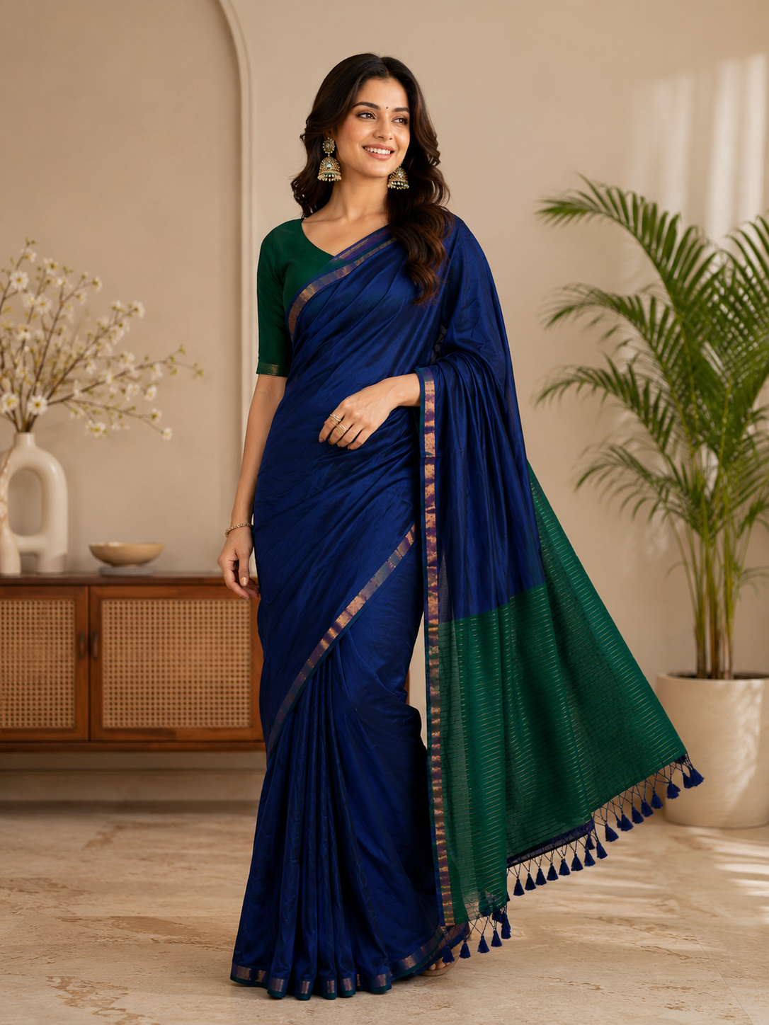Neelvani- Blue Mul Modal Saree with Tassels