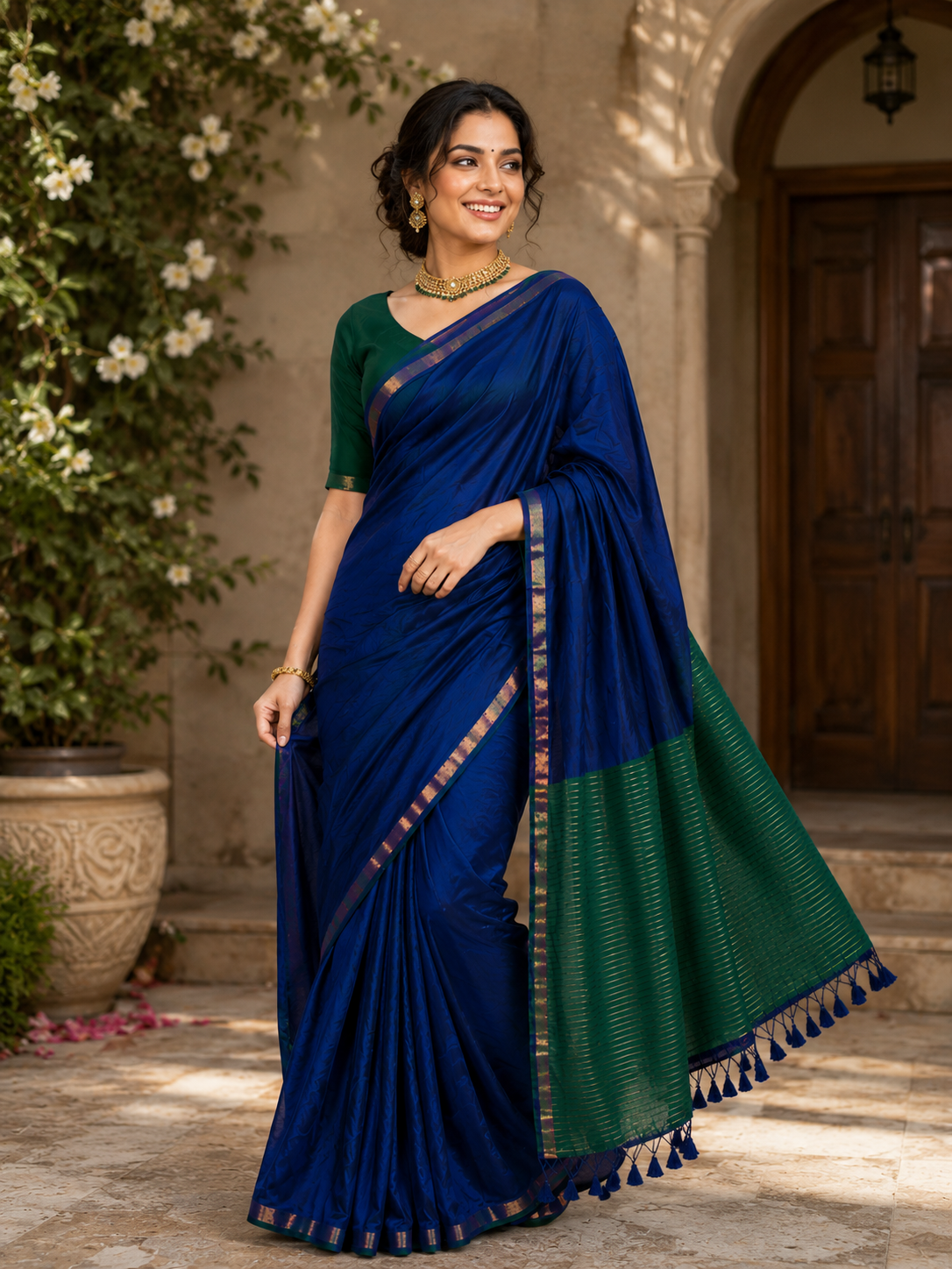 Neelvani- Blue Mul Modal Saree with Tassels