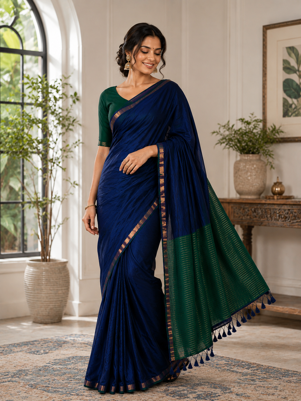 Neelvani- Blue Mul Modal Saree with Tassels