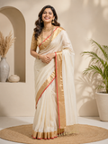 Kaveri Gold- Off White Linen Saree with Zari Border