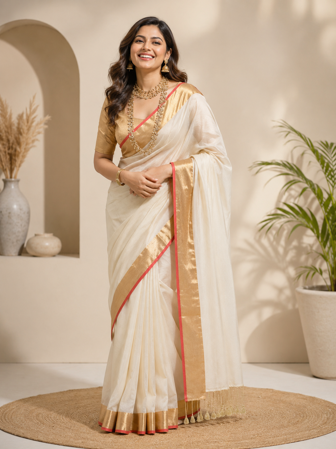 Kaveri Gold- Off White Linen Saree with Zari Border