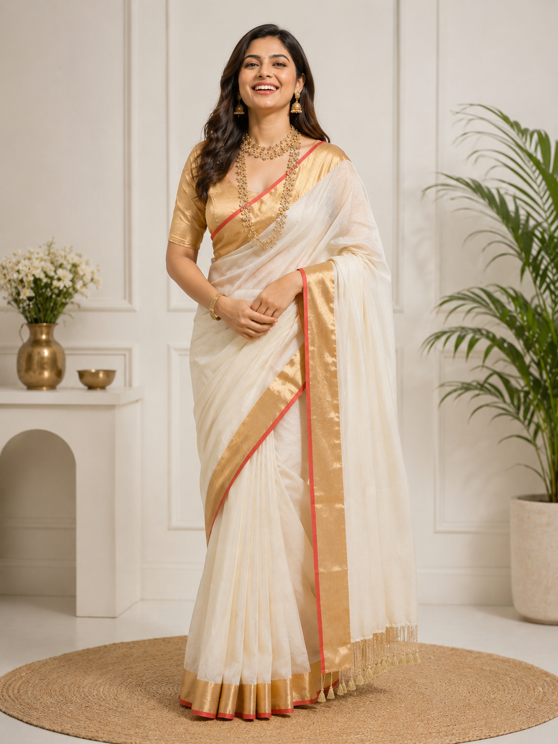 Kaveri Gold- Off White Linen Saree with Zari Border