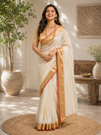 Kaveri Gold- Off White Linen Saree with Zari Border