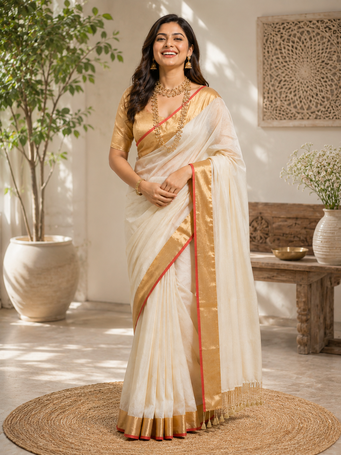 Kaveri Gold- Off White Linen Saree with Zari Border