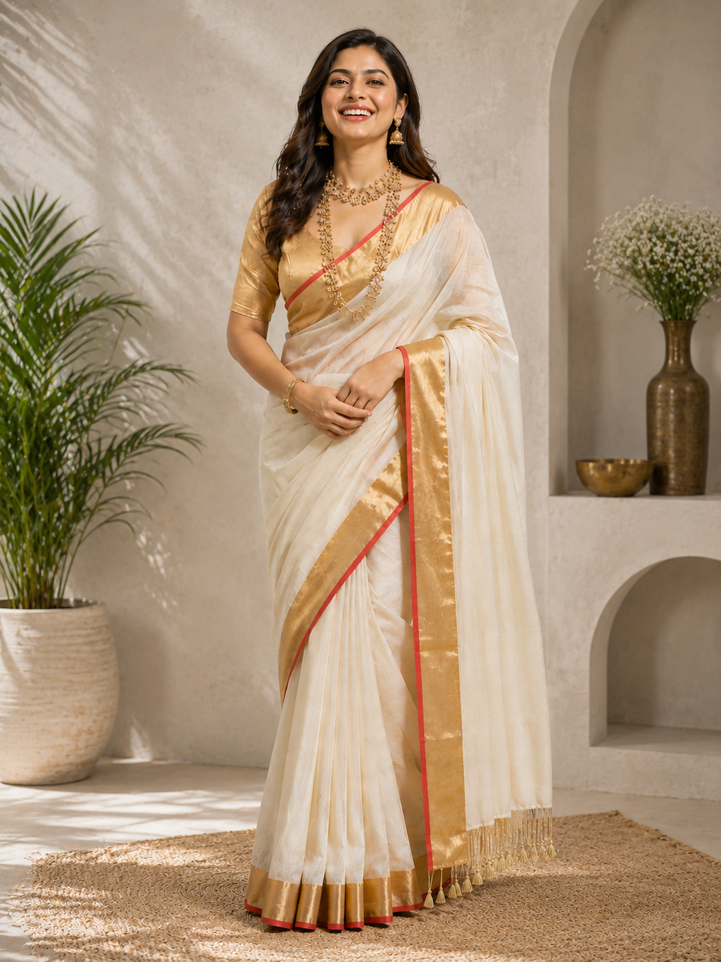 Kaveri Gold- Off White Linen Saree with Zari Border