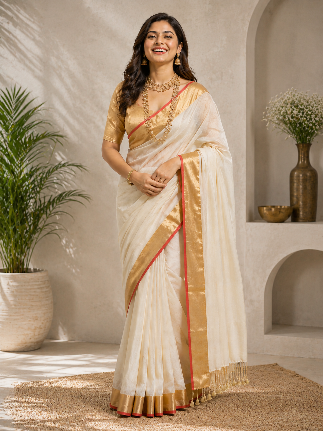 Kaveri Gold- Off White Linen Saree with Zari Border