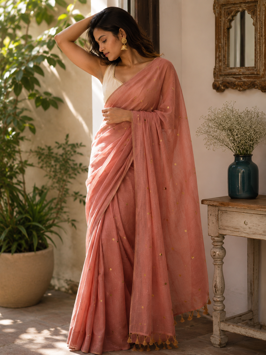 Orange Peach Mulmul Cotton Sequins Saree with Tassels