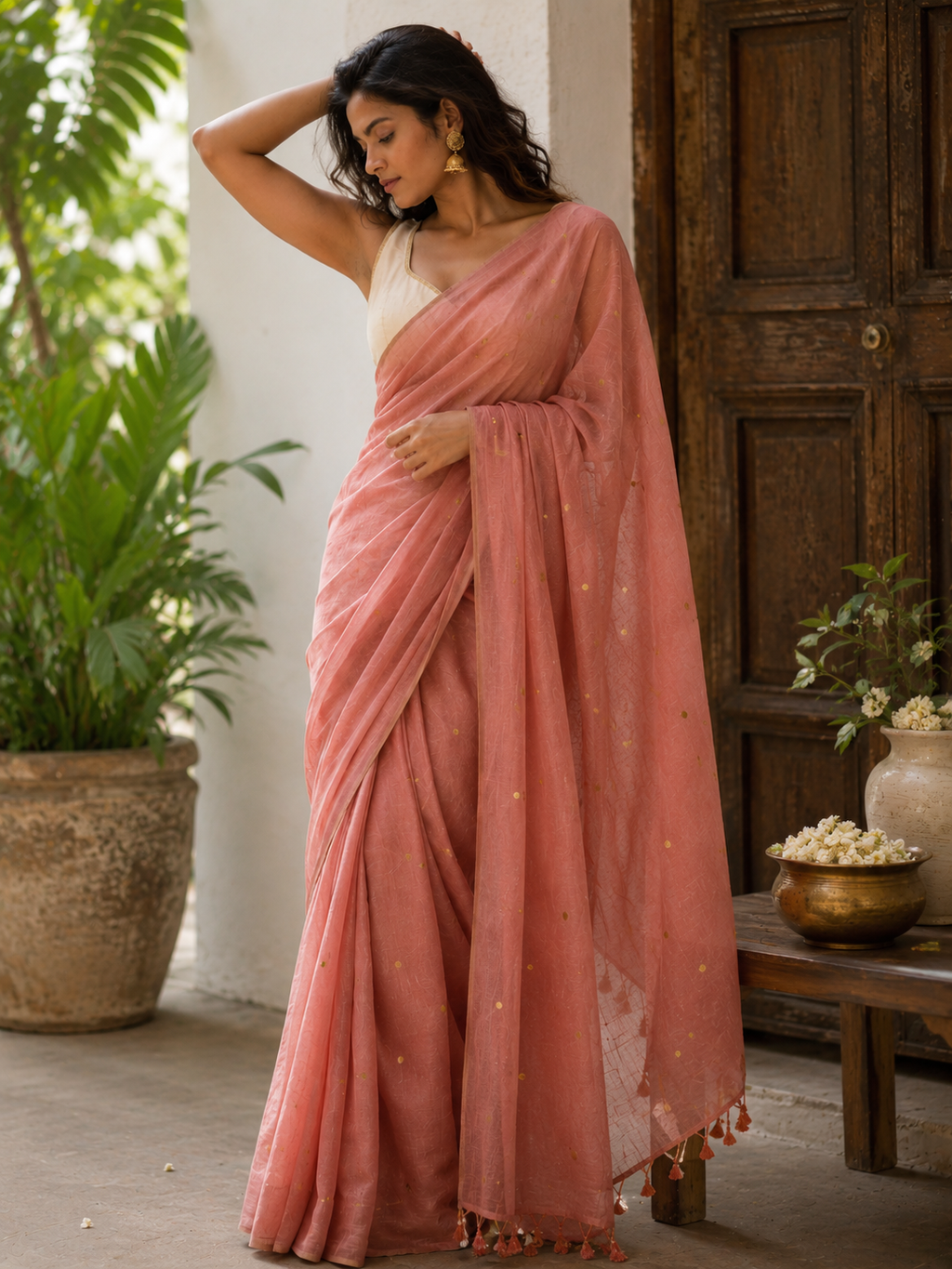 Orange Peach Mulmul Cotton Sequins Saree with Tassels