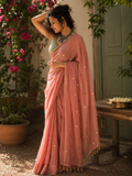 Orange Peach Mulmul Cotton Sequins Saree with Tassels