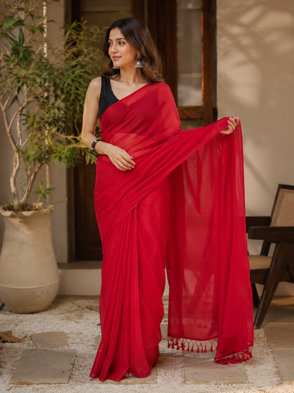 Crimson Whisper – Mulmul Cotton Saree with Tassels
