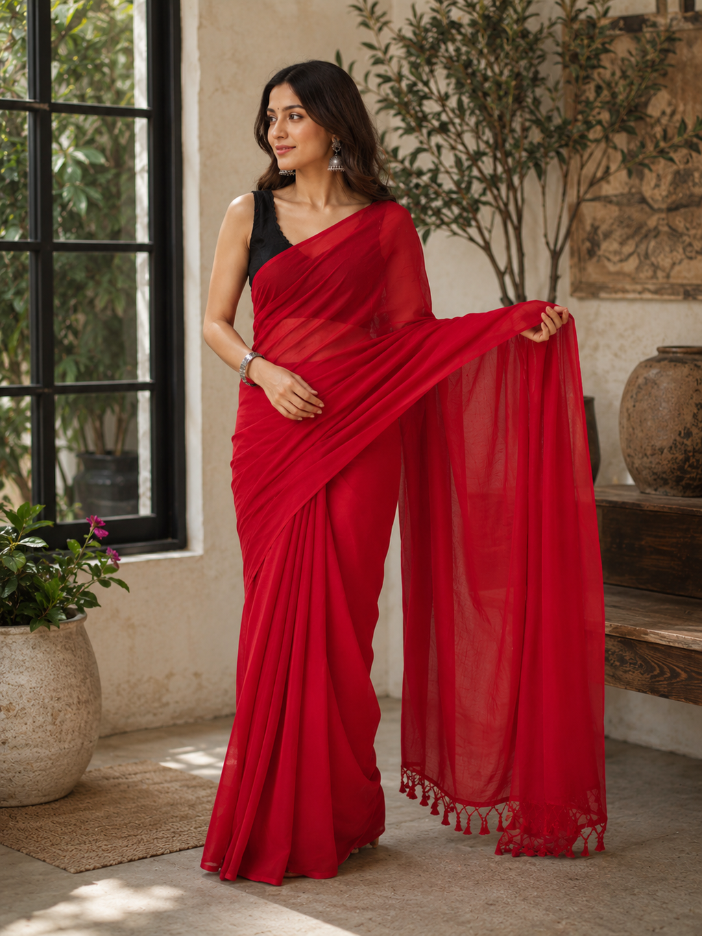 Crimson Whisper – Mulmul Cotton Saree with Tassels