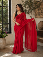 Crimson Whisper – Mulmul Cotton Saree with Tassels