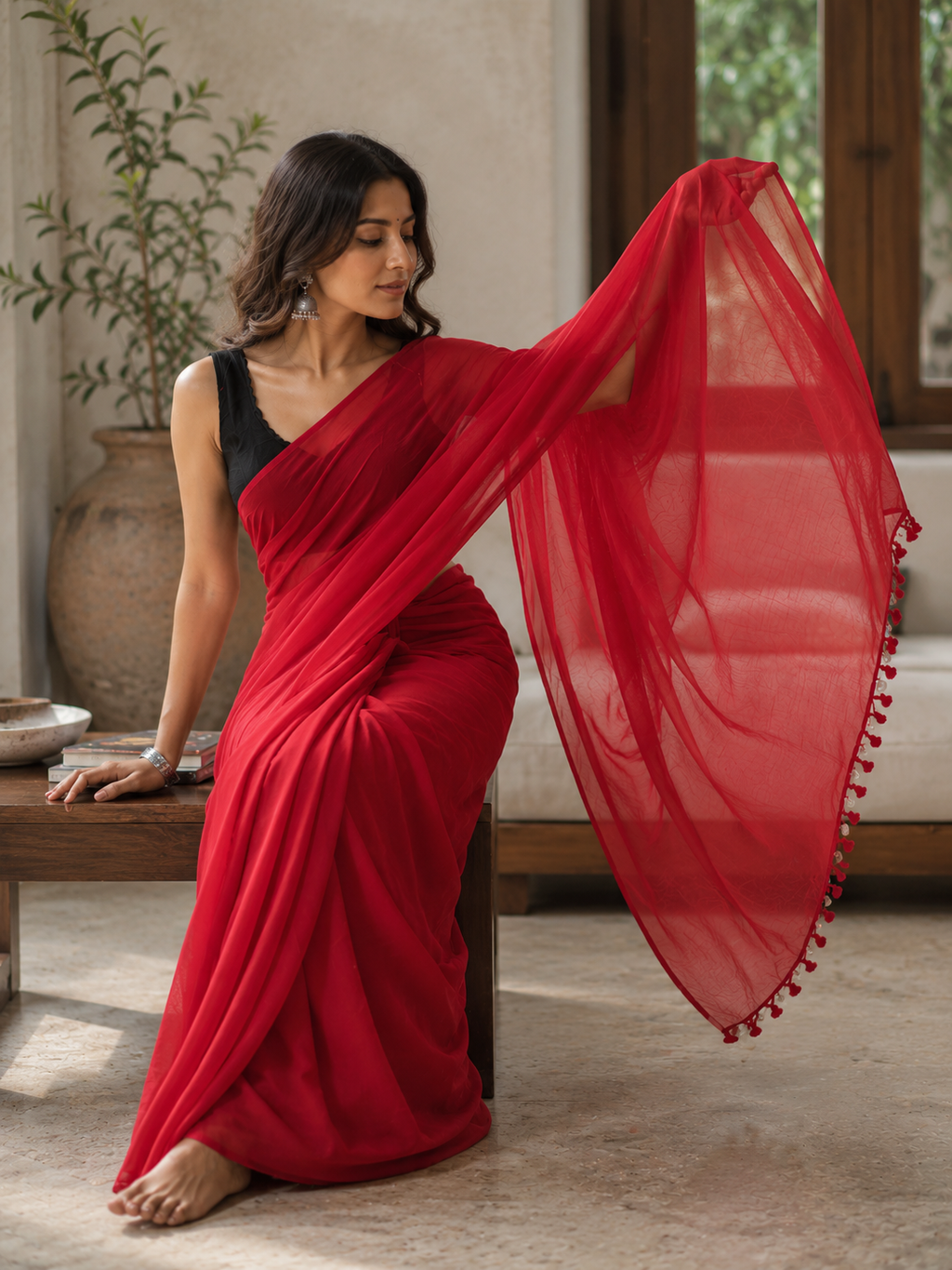 Crimson Whisper – Mulmul Cotton Saree with Tassels