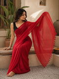 Crimson Whisper – Mulmul Cotton Saree with Tassels