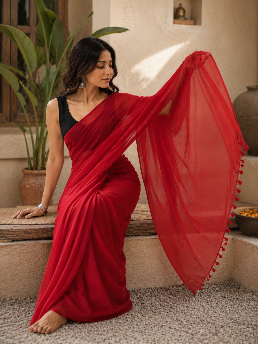 Crimson Whisper – Mulmul Cotton Saree with Tassels