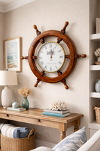 EcoNucleax Wooden Ship Wheel Wall Clock, Brass and Rosewood, 18 Inch Diameter, Roman Numerals, Nautical Decor, 6 Spokes