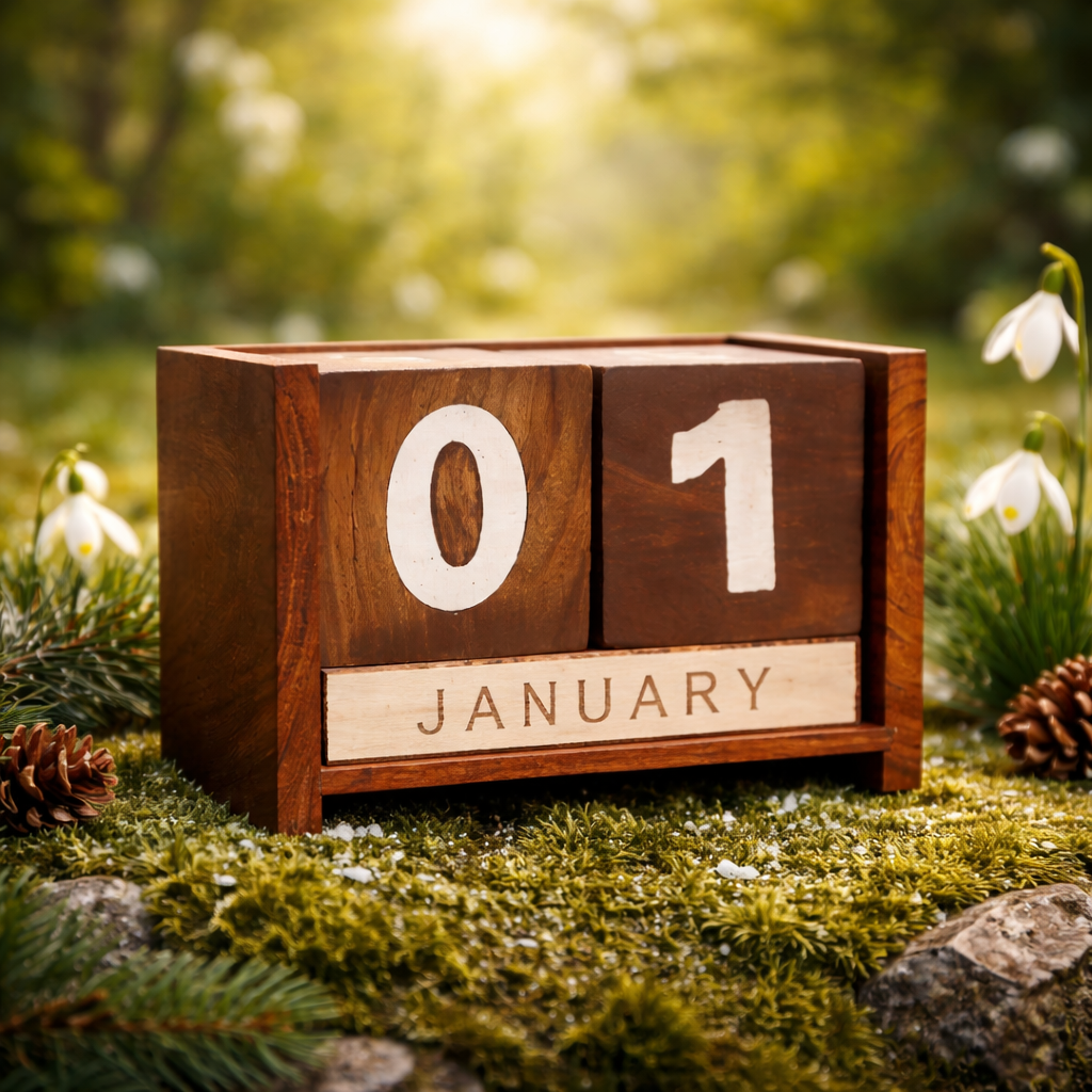 Rustic Wood Desk Calendar, Perpetual Block Style (Compact Size)