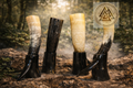 Viking Ox Horn Drinking Mug Set Valknut Engraved, Polished with Stand (12-13in)