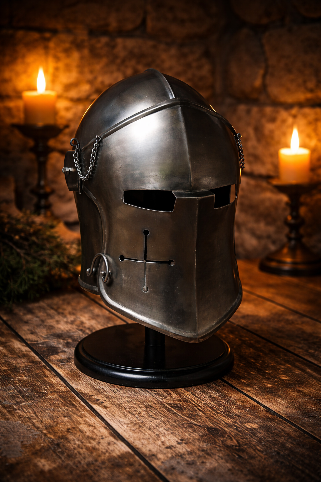 Barbute Helmet - Wearable Medieval Steel Armor with Display Stand