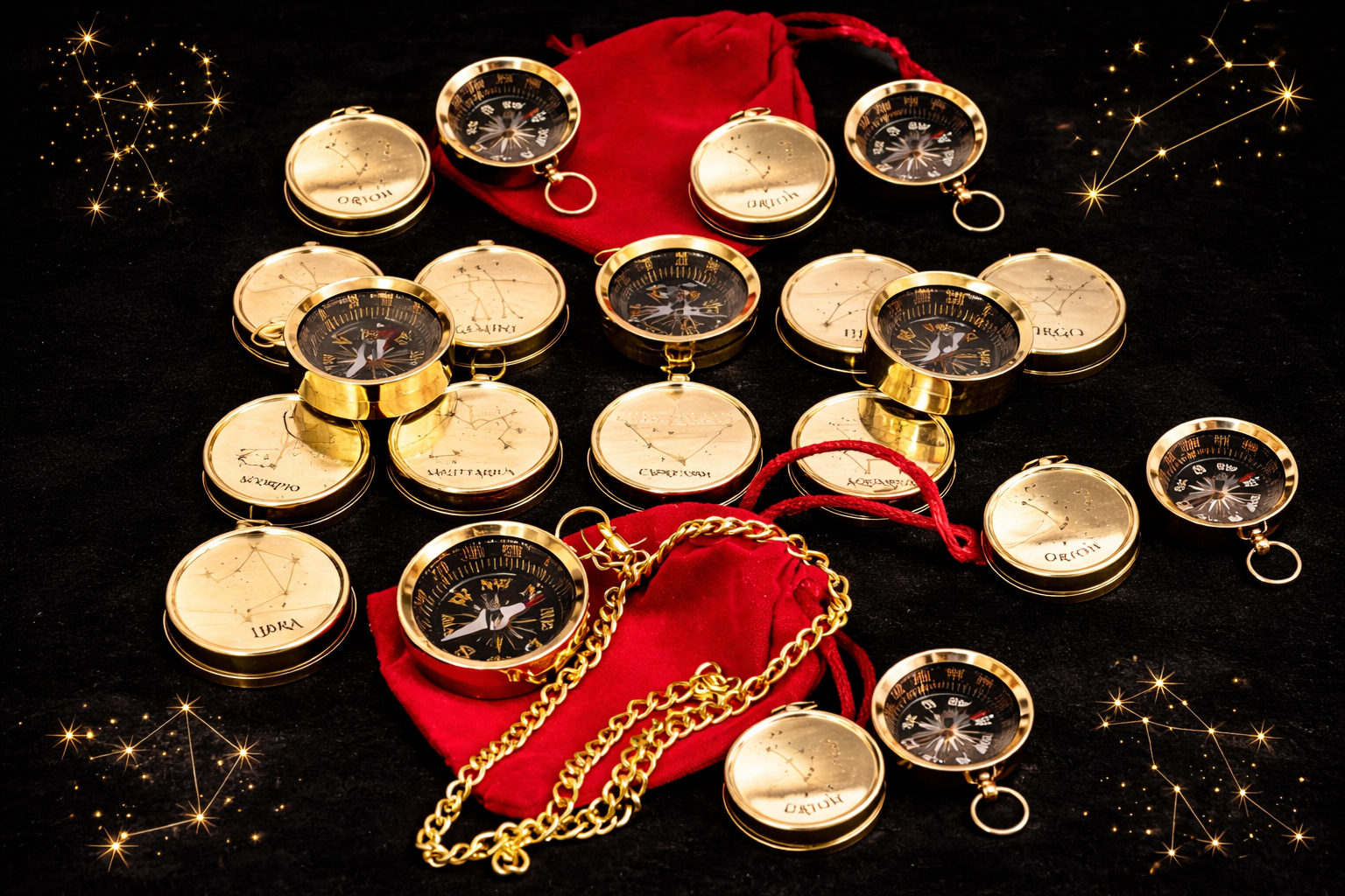Personalized Brass Compass Necklace with Engraved Zodiac Signs