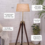 Tripod Floor Lamp with Wooden Stand, Fabric Shade, Living Room Standing Light