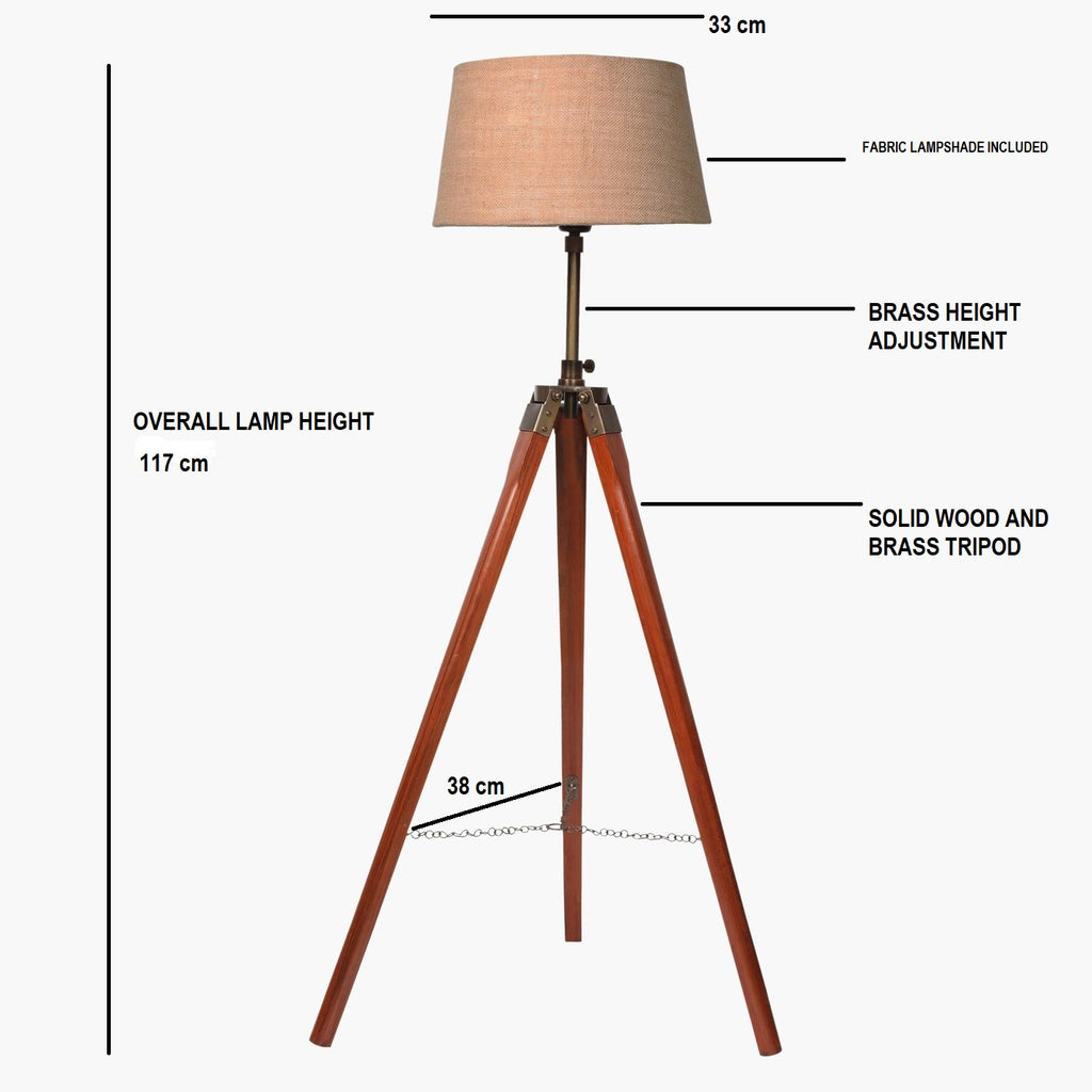 Tripod Floor Lamp with Wooden Stand, Fabric Shade, Living Room Standing Light