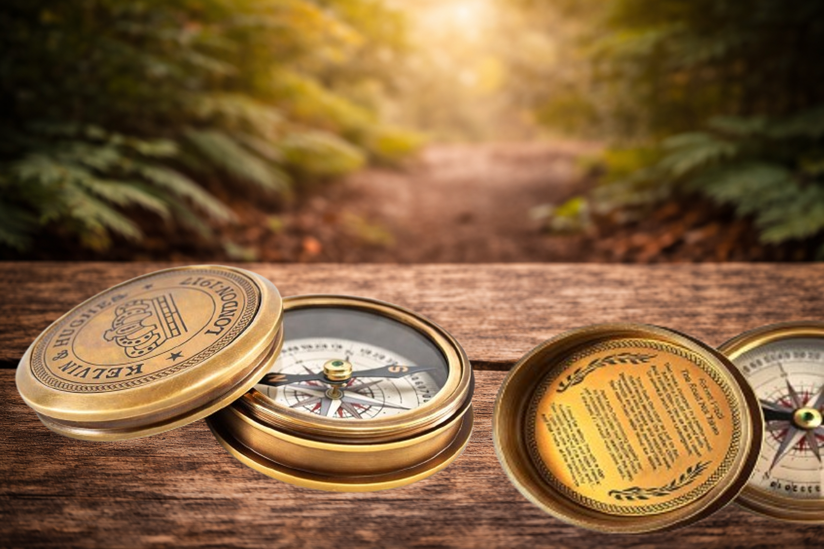Antique Brass Pocket Compass with Robert Frost's The Road Not Taken Engraved Inside The Cover and Kelvin & Hughes - London 1917 on top, 5 cm