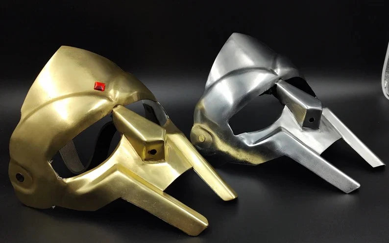 Brass MF DOOM Mask, Gladiator Style Helmet, Metallic Gold and Silver Finish, Cosplay Prop