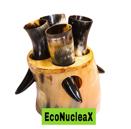 Viking Ox Horn Cups Set, Rustic Drinking Horns (With Wooden Stand)