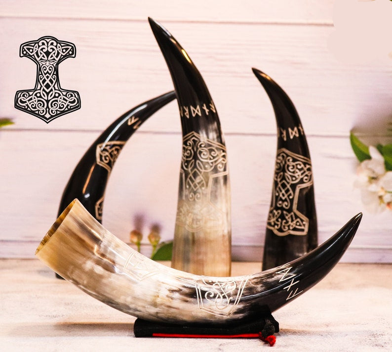 Handcrafted Viking Drinking Horn Set Thor Hammer Cup, Mead Ale Beer Tankard